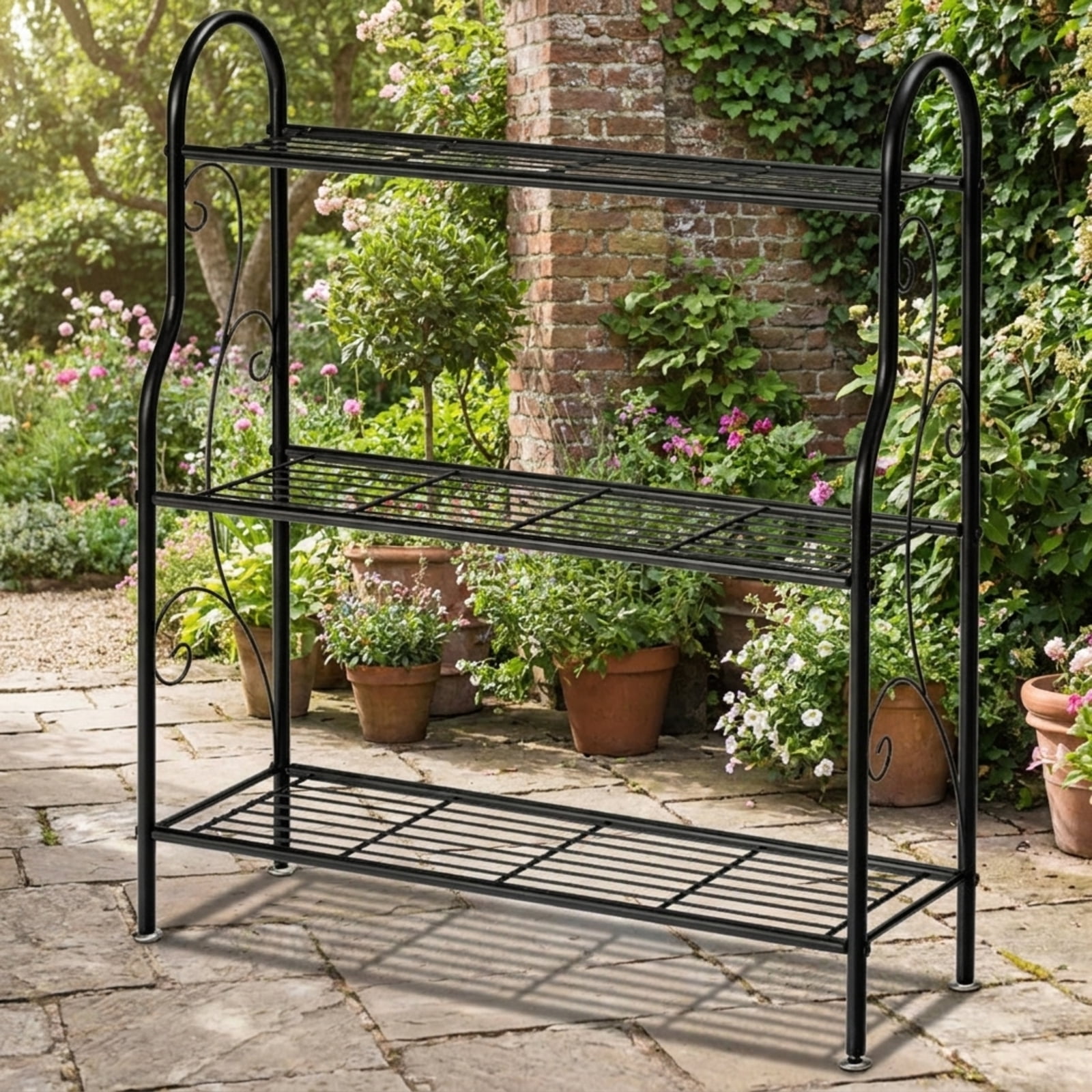Biotree 3-Tier Scrollwork Designed Metal Plant Stand for Indoor Outdoor Patio Balcony Garden, Black