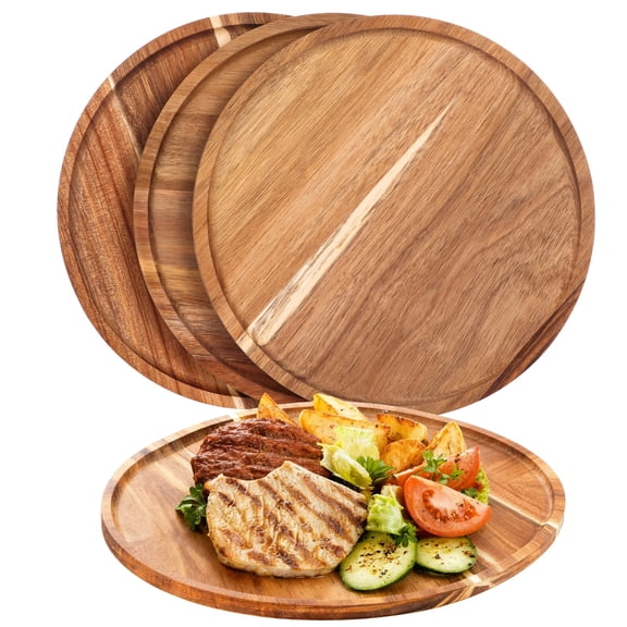 4 Pcs Acacia Round Wood Dinner Plates, 9.8 in Decorative Wooden Plates for Food, Natural Serving Tray, Japanese Style for Home Décor, Parties, and Gifts