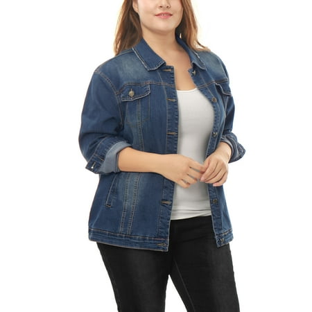 Women Plus Size Stitching Button Front Washed Denim Jacket Blue 3X