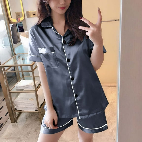 BONIXOOM Christmas Pajamas Silk Pajamas For Women Sleepwear None Long Sleeve Solid Sleepwear Sets Blue XL