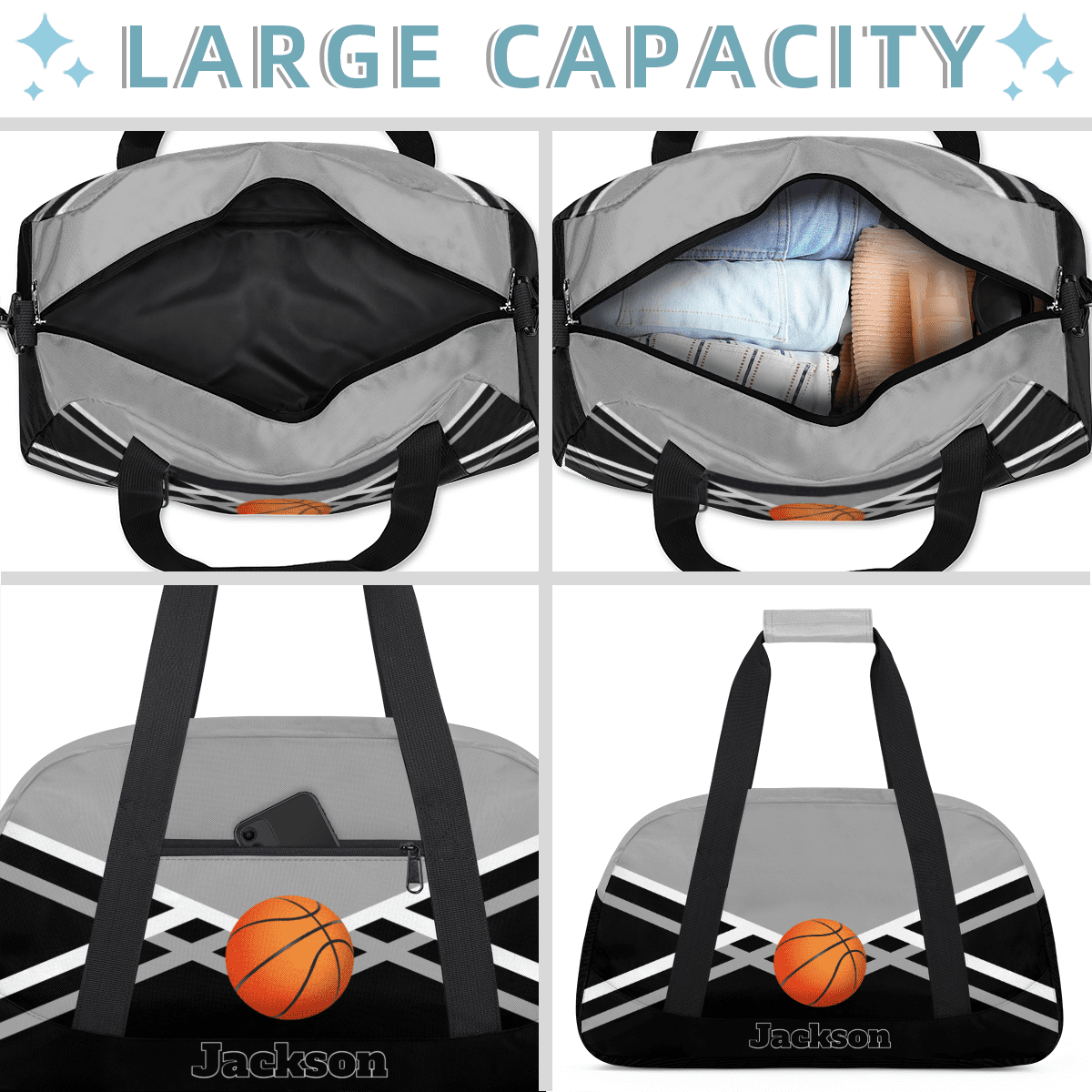 Herdesigns Personalized Basketball Duffel Bag Sport Bag Custom Gym Bag with Name, Dance Bags Weekender Bags Overnight Bags Travel Bag, Black Gray