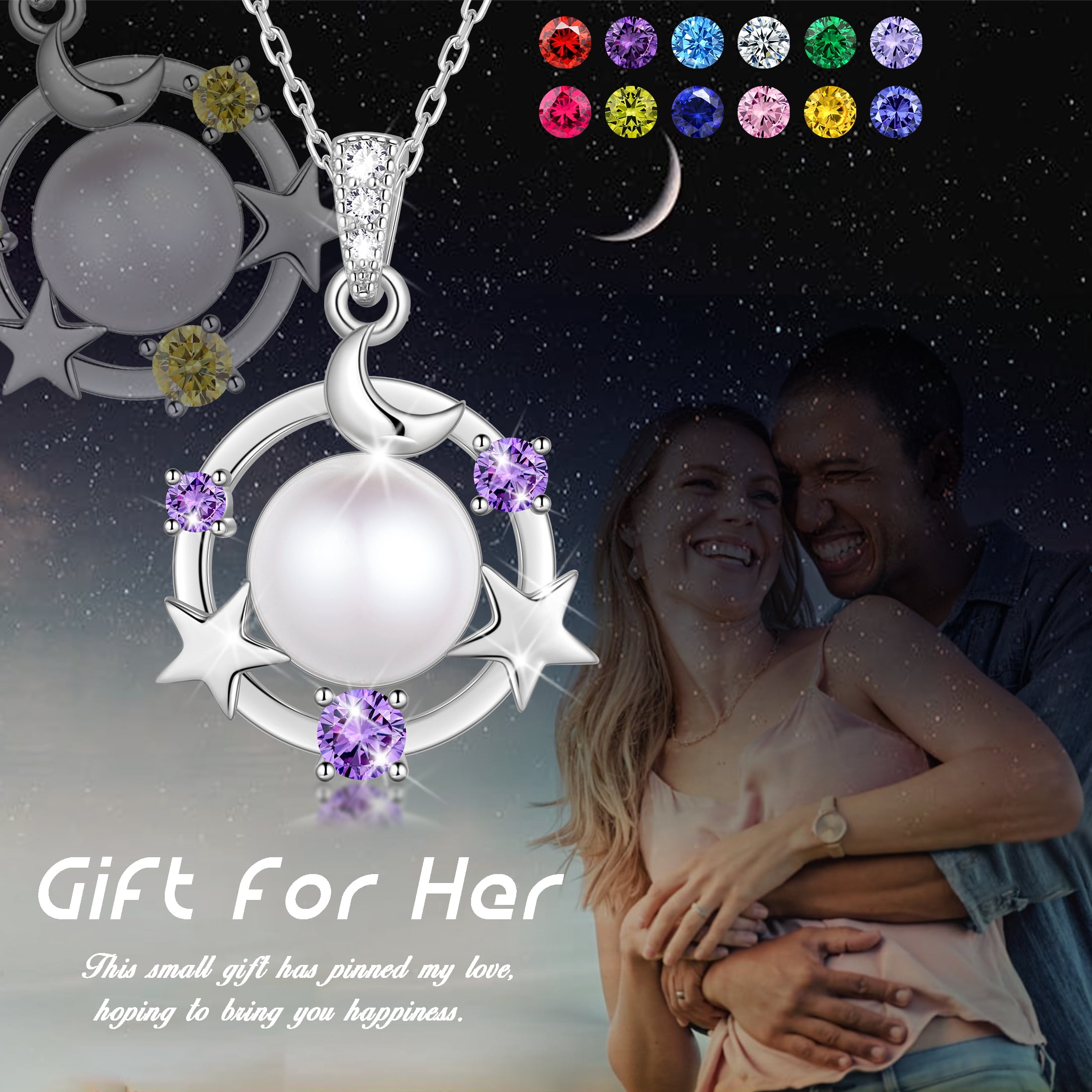 Beautlace 925 Sterling Silver Moon Star Birthstone Necklace,Natural Pearl Pendant Necklace Jewelry,Birthday Christmas Anniversary Gift for Women/Mom/Wife