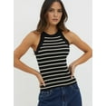 thumbnail image 2 of Halter Tank Tops for Women Summer Striped Stretchy Ribbed Knit - Shirts Slim Fitting Black S, 2 of 6