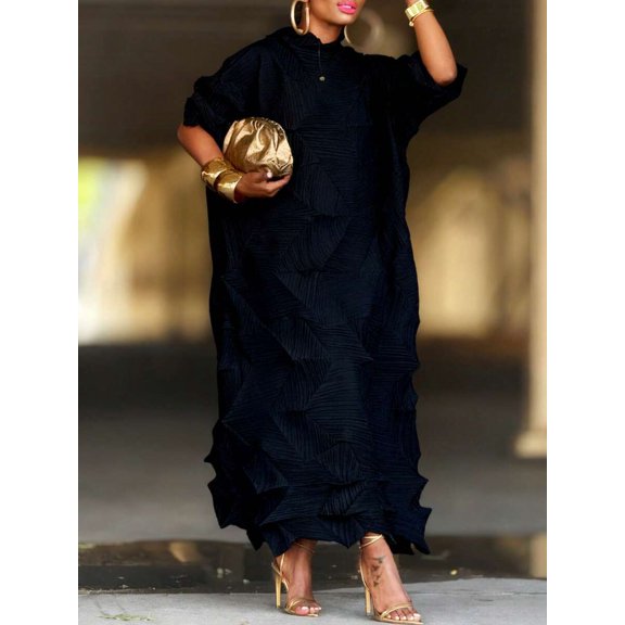 Black Womens Textured Ruffled Maxi Dress With High Neck, Mid Sleeves, Oversized Fit