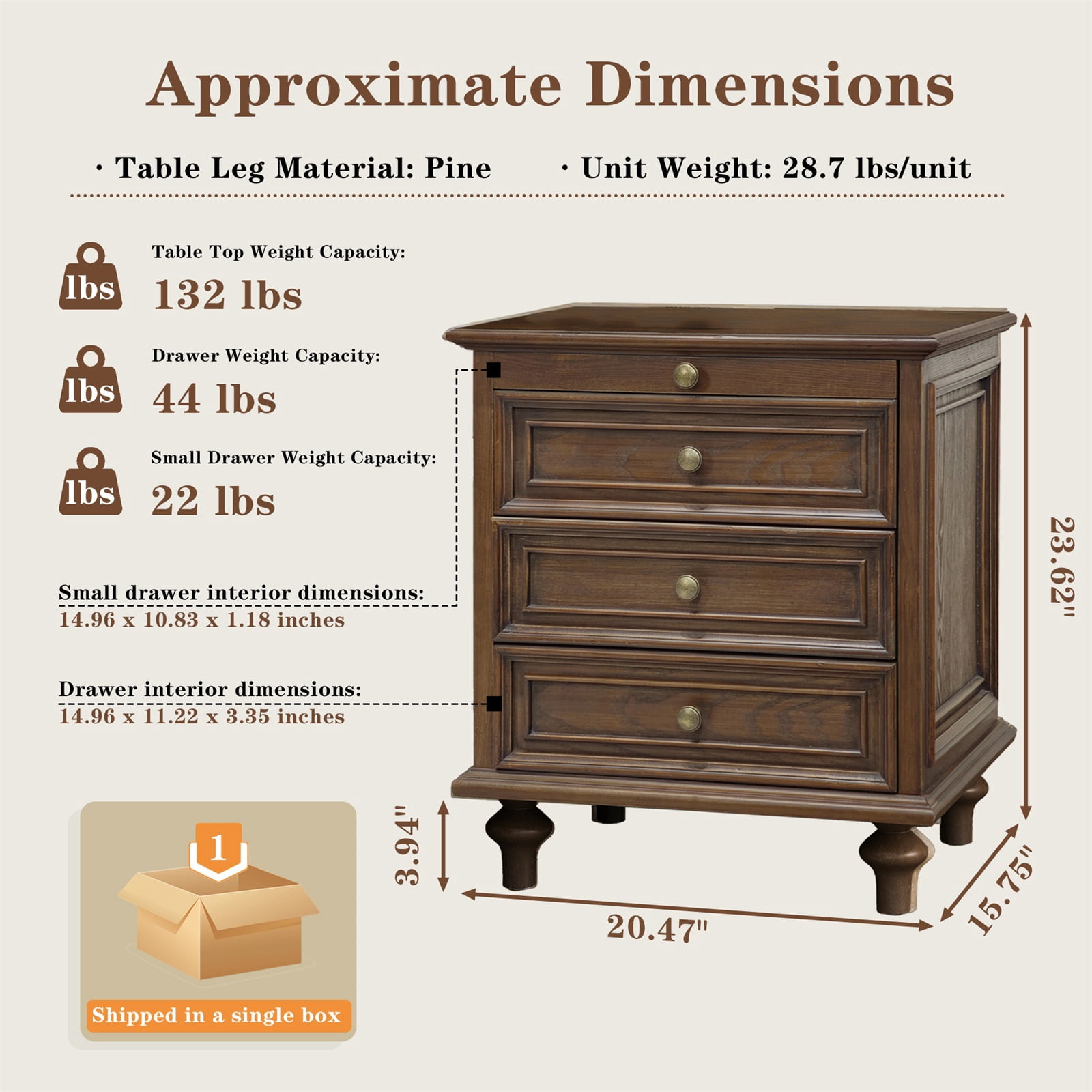 Hommoo Farmhouse Wood 4-Drawer Nightstands Set of 2, Large End Table Bedside Table Set with Solid Wood Feet and Metal Handle, for Living Room,Bedroom,Office, Walnut Brown