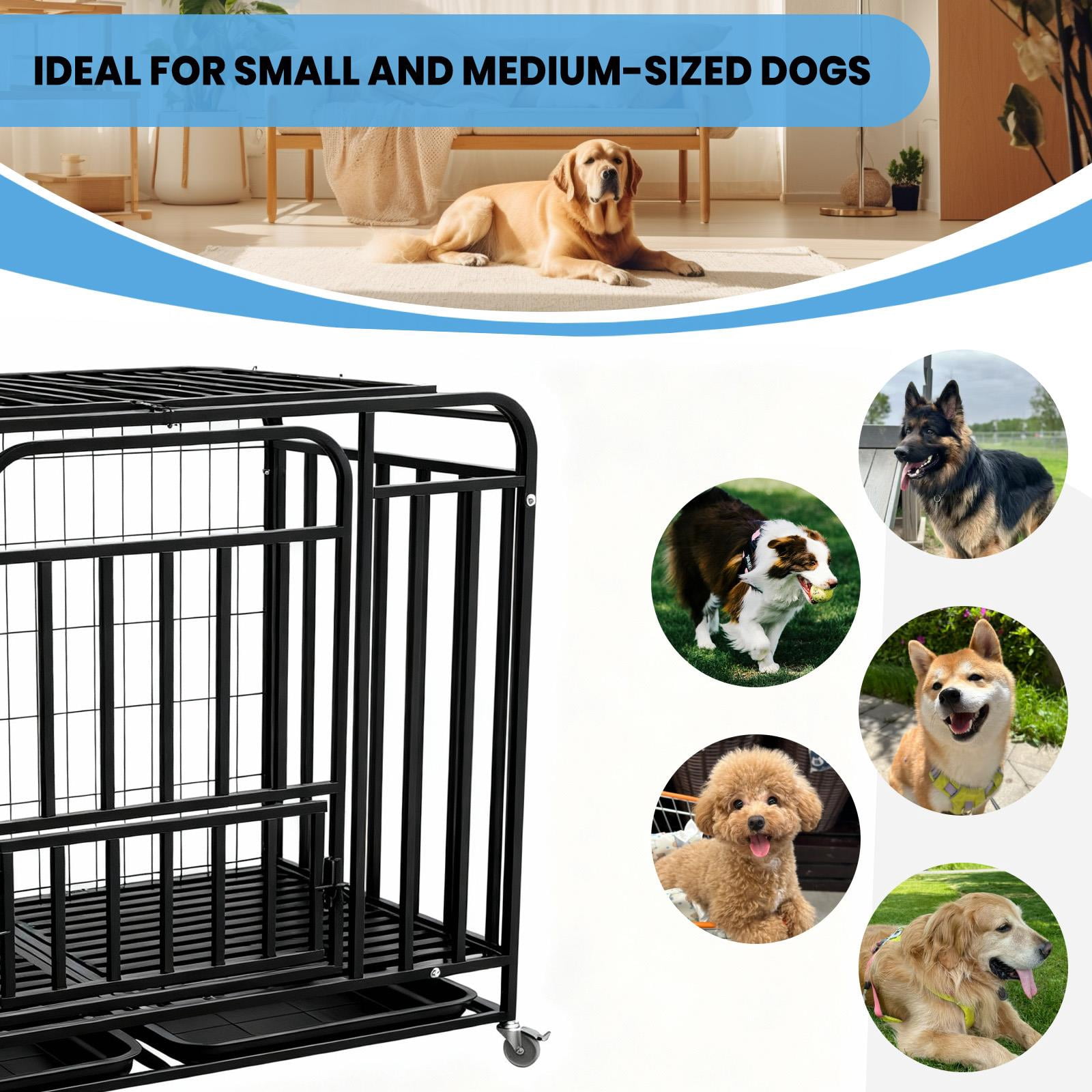 Muweixin 42 inch Black Metal Dog Crate with Top & Front Doors, Removable Trays & Lockable Wheels, Indoor Outdoor Kennel for Medium Large Dogs