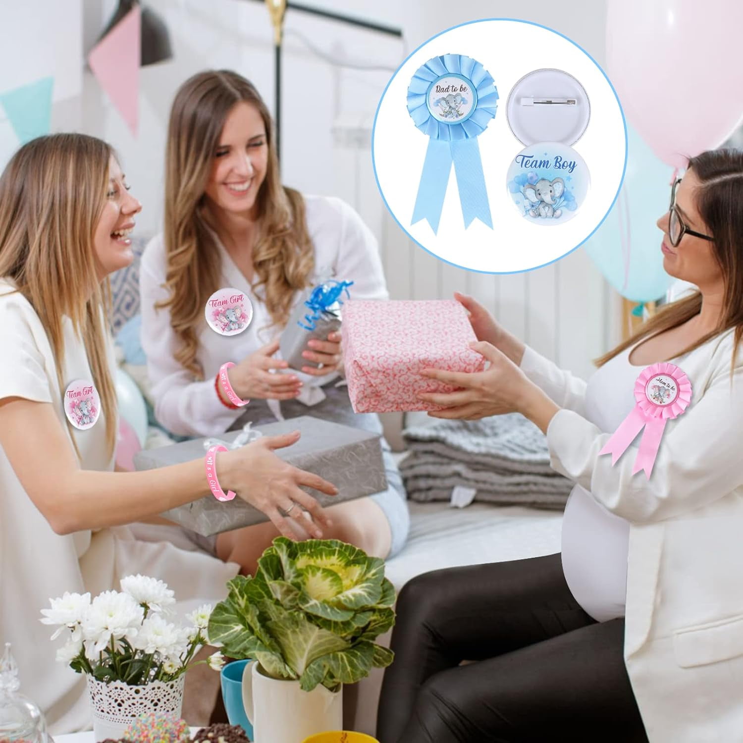 Elephant Gender Reveal Party Favors, Daddy to Be Mom to Be Tinplate Badge Pin, Gender Reveal Button Silicone Wristbands for Baby Shower Team Boy Team Girl Gender Reveal Party Favors Supplies