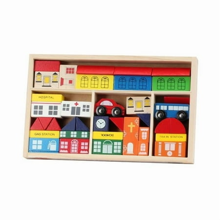 Omni Wodden Toys Blocks Town Collection with Frame Display Church School Car – 38 Piece