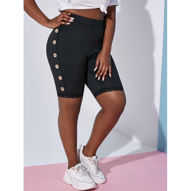 Dobladillo de encaje con botón de encaje con botón superior Mini LEGGINGS Rosegal Leggings de talla grande