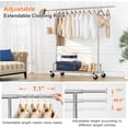thumbnail image 7 of Single Rail Garment Rack on Wheels 450lbs Heavy Duty Clothes Rack with Shelves Rolling Clothing Rack with Extensible Size 71"L, Portable Adjustable for Hanging Clothes, Chrome Finish, 7 of 7