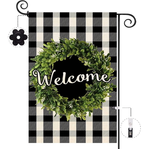 Boxwood Wreath Buffalo Plaid Flag 12.5x18 Inch Double Sided Burlap Welcome Spring Rustic Farmhouse Yard Decor