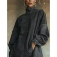 thumbnail image 4 of Women'S High Neck Suede Retro Long Sleeve Dress with Fringe Trim and Pockets Loose Fit Black XL, 4 of 8