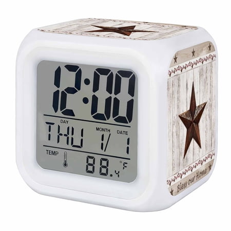 Alarm Clocks Vintage Barn Stars Wood Grain Digital Clock 7 Color LED Night Light Silent Non-Ticking Battery Operated Farmhouse Berry Cube Clocks for Bedroom Bedside Living Room Office School