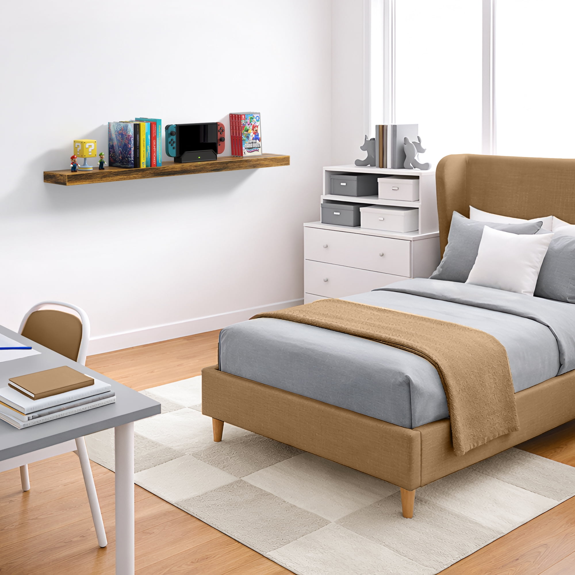 Sorbus 47" Floating Wall Shelf, Brown, Invisible Brackets, Bathroom, Bedroom & Home Decor