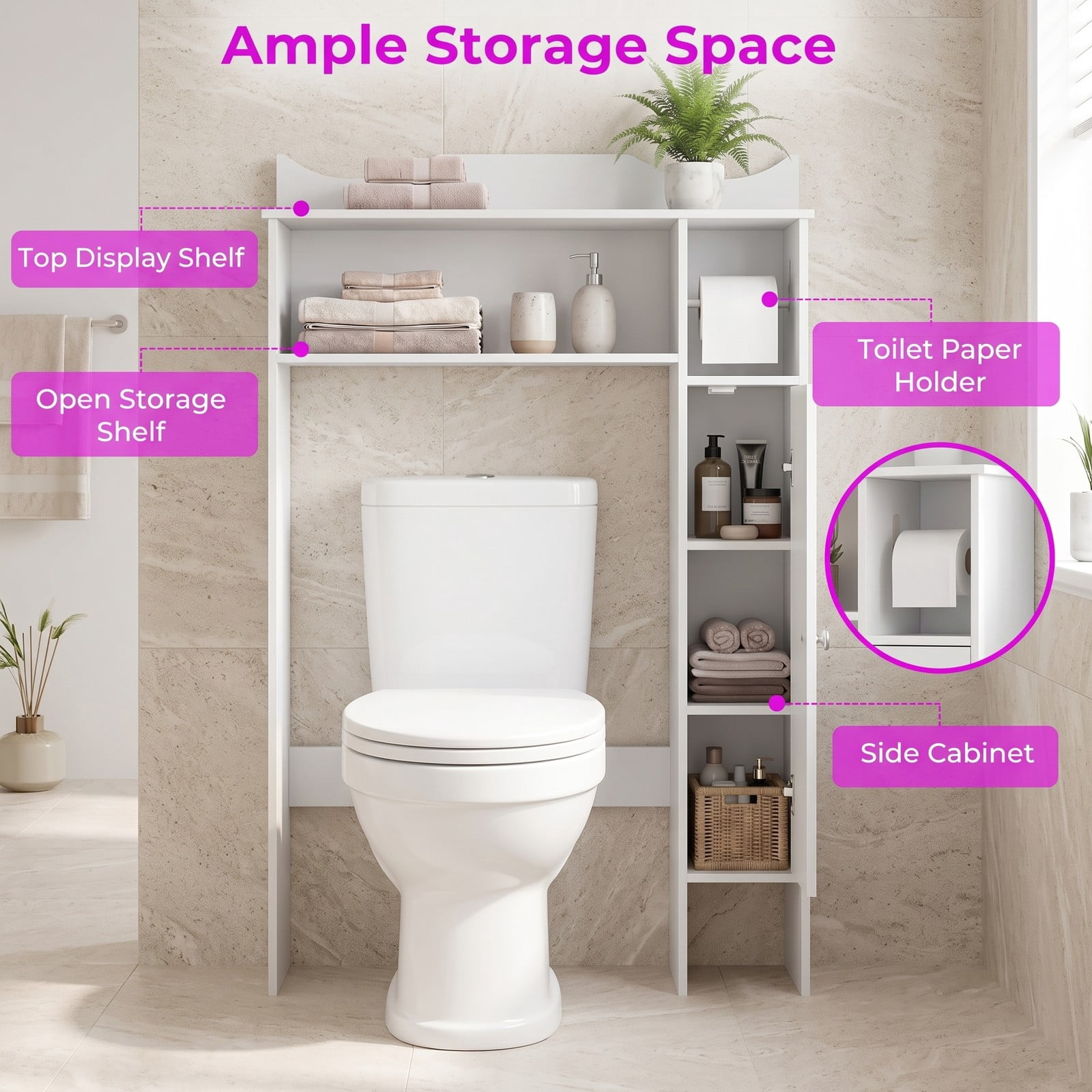 ALPULON Wood Over the Toilet Space Saver with Display Shelf Side Cabinet and Paper Holder for Small Bathroom Storage and Organization, White