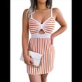 thumbnail image 3 of Vestido Mini Ajustado Informal de Punto con Tirantes, Cintura Alta y Rayas Contrastantes para Mujer. Color Naranja L, 3 of 10
