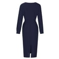 thumbnail image 3 of VSSSJ Women Plus Size Long Sleeve Belted Elegant Dresses Sexy V Neck Wrap Pure Color Split Party Cocktail Bodycon Midi Long Dress Navy XXXXL, 3 of 5