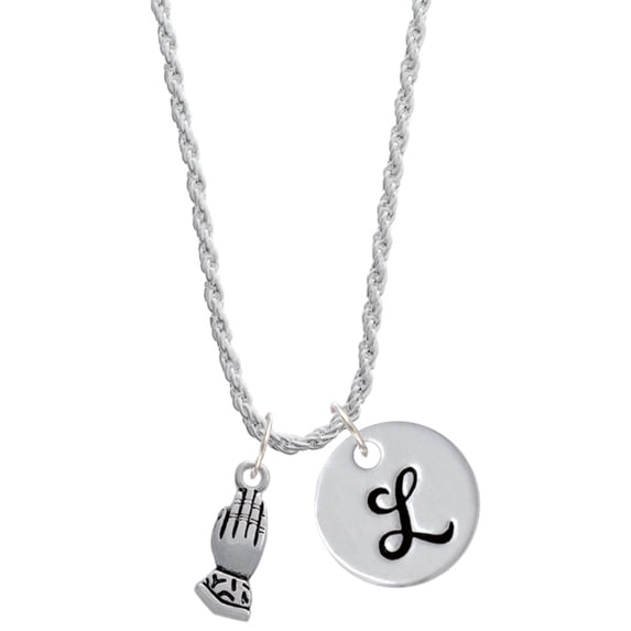 Delight Jewelry Silvertone Praying Hands Silvertone Script Initial Disc - L - Charm Necklace, 20"+3"