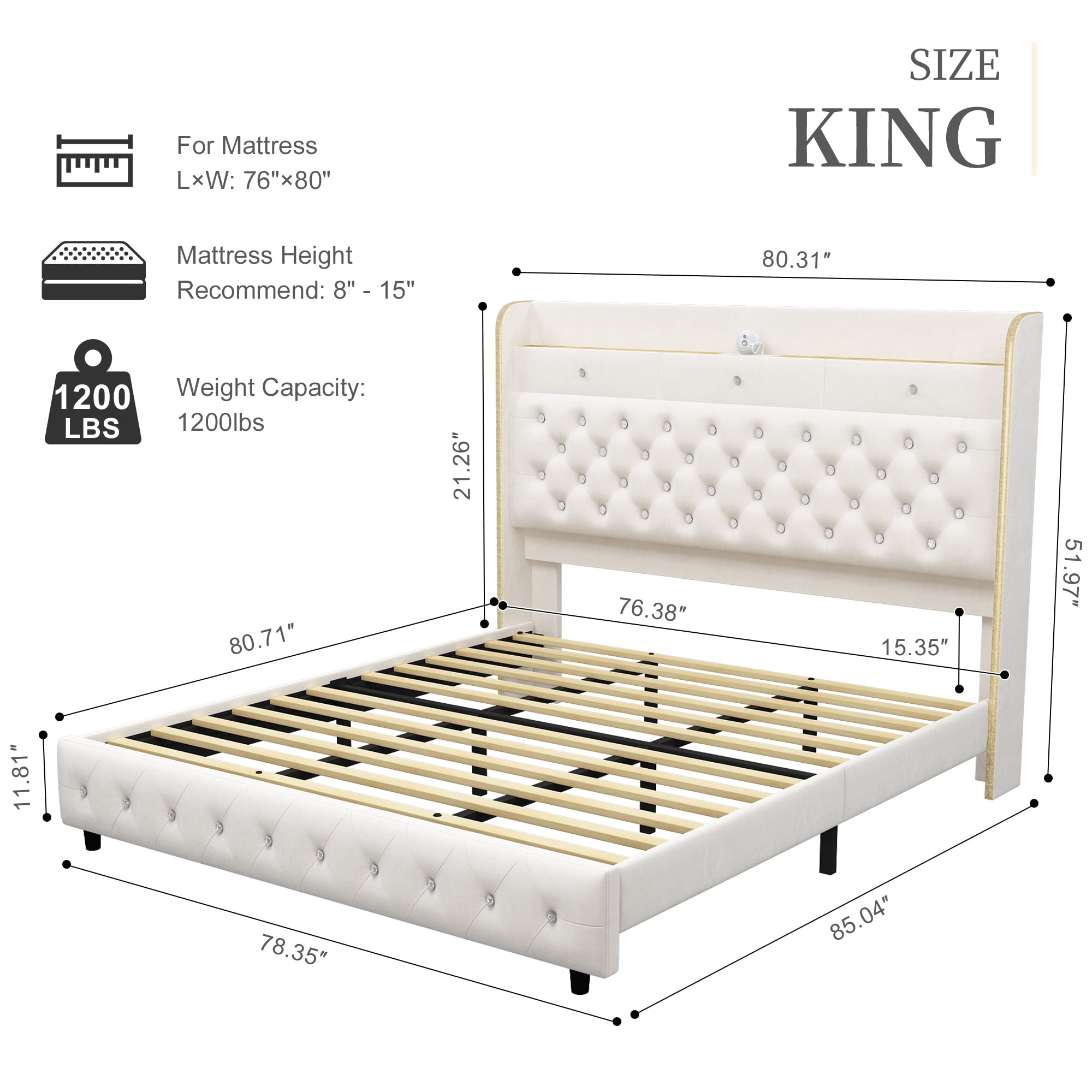 SIBEDS King LED Bed Frame with 52" Crystal Button Tufted Upholstered Headboard, Galaxy Projector & Charging Station, No Box Spring Needed, Velvet Cream