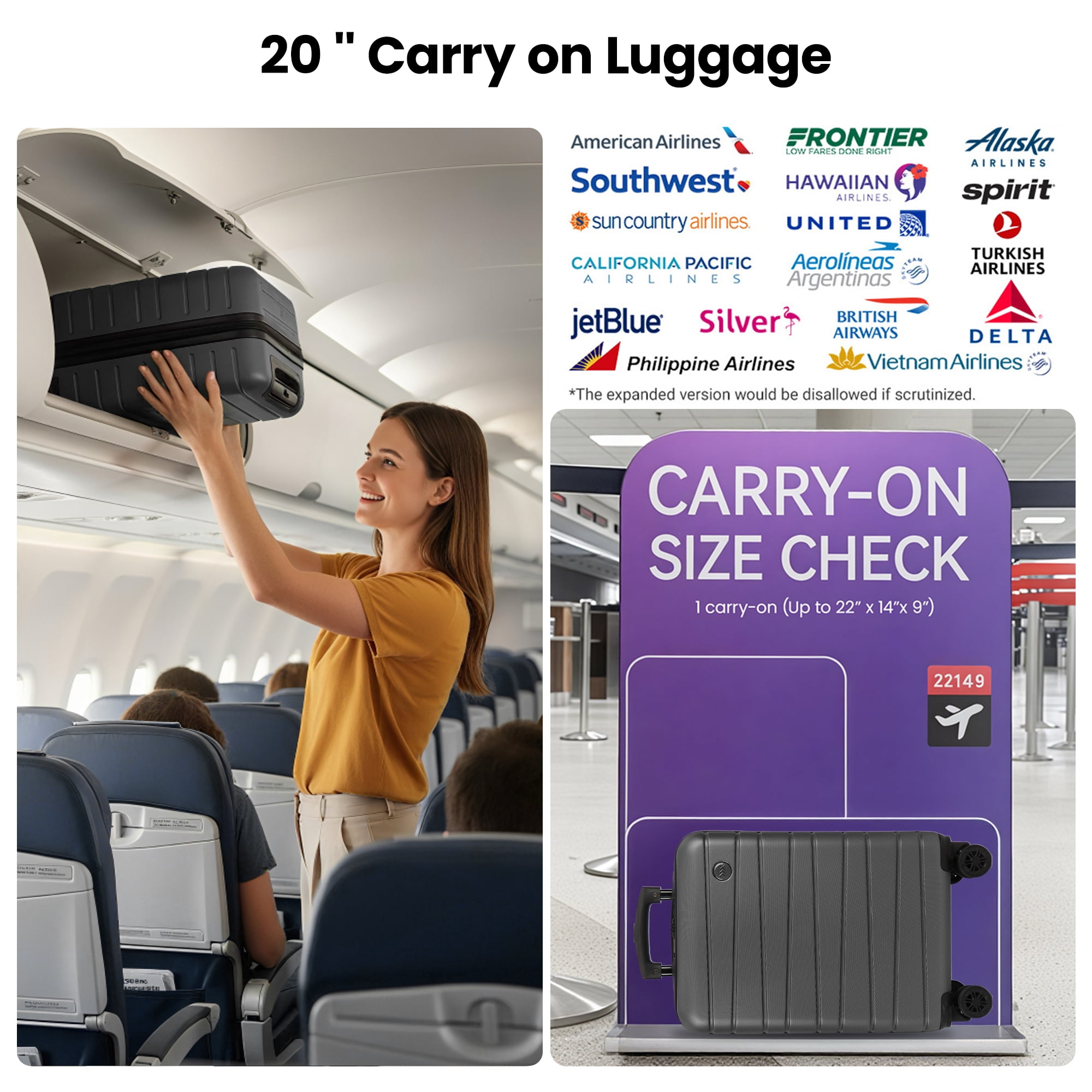 New York Xpress 20" Hardside Carry-on Luggage Airline-Approved, Lightweight Hard Shell Suitcase with Spinner Wheels, Grey - 2538