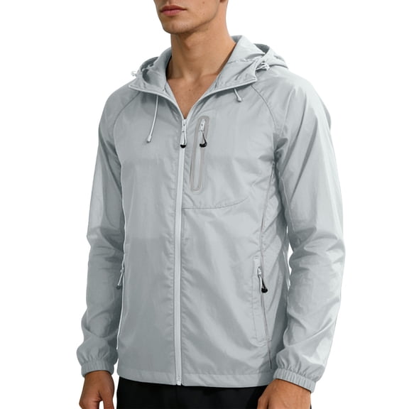 JTSRKL Men's Thin Hooded Sun Protection Jacket Solid Color Long Sleeve Full Zip Up Rash Guard Design Outdoor Shirts with Multi-Pockets Gray L