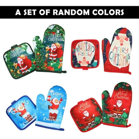 

Christmas Home Baking Thickened Polyester Insulation Microwave Oven Gloves With Mat Random Color (Single Glove)
