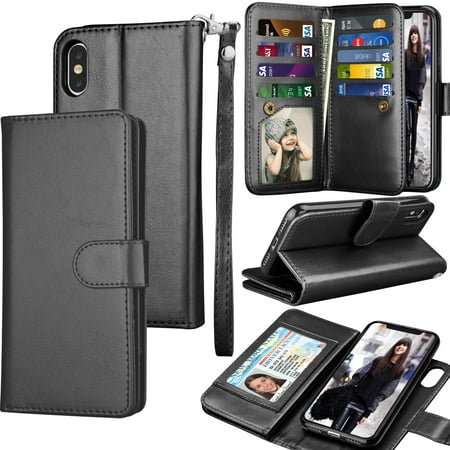 iPhone Xs Max / iPhone XS / iPhone X / iPhone XR Wallet Case Cover, Pu Leather ID Cash Credit Card Slots Holder Carrying Folio Flip Cover [Detachable Magnetic Hard Case] Kickstand