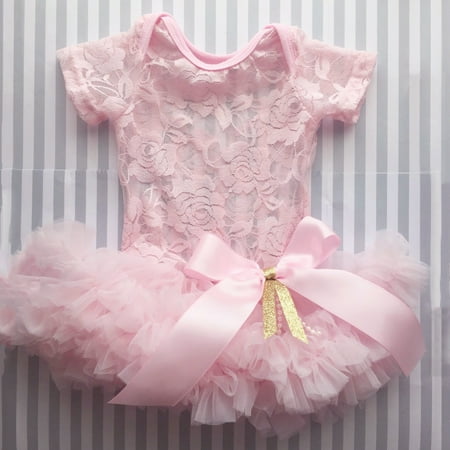 Baby Pink Lace Romper XIAXAIXU Infant Newborn Baby Girl Pink Festival Lace Princess Dress Short Sleeve Romper Dress Bow Tutu Party Formal Dress 0-6 Months ()