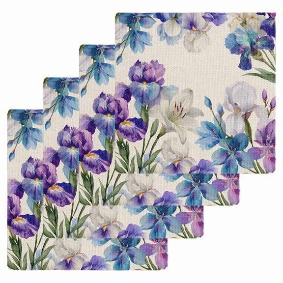 Blue Purple Flowers Kitchen Dish Towels for Drying Dishes Set of 4, Spring Seasonal Botanical Florals Waffle Weave Microfiber Hand Tea Bathroom Towels Quick Dry & Absorbent Towel 12x12