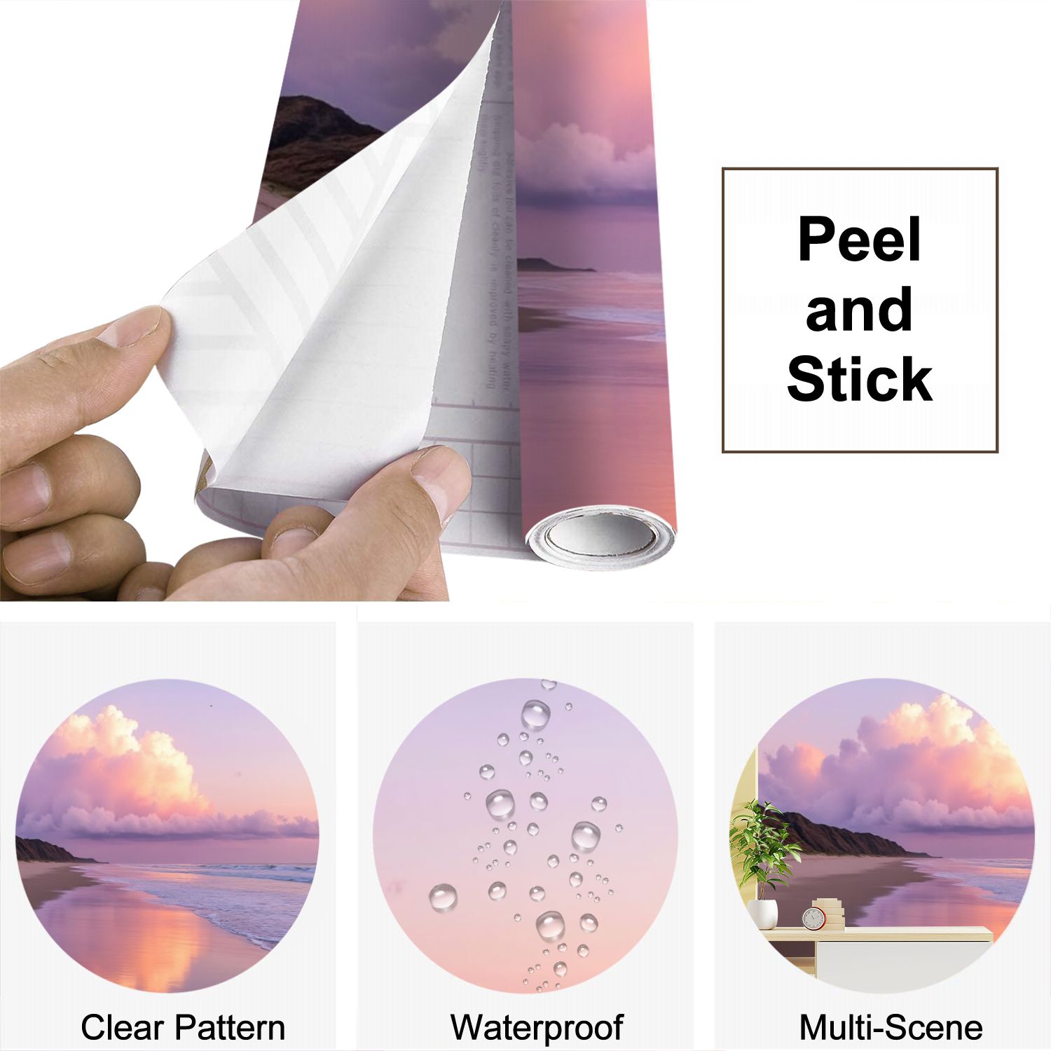 Peel and Stick Wallpaper Beach Pink Clouds Reflective Water Gentle Waves Distant Hills Pink Modern Art Wall Mural Decor Self Adhesive and Removable 69in x 98in