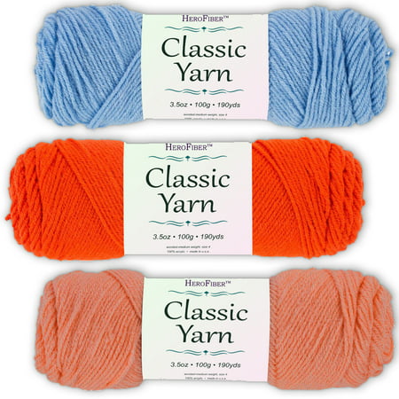 Soft Acrylic Yarn 3-Pack, 3.5oz / ball, Blue Jewel + Tangerine + Pink Coral. Great value for knitting, crochet, needlework, arts & crafts projects, gift set for beginners and pros