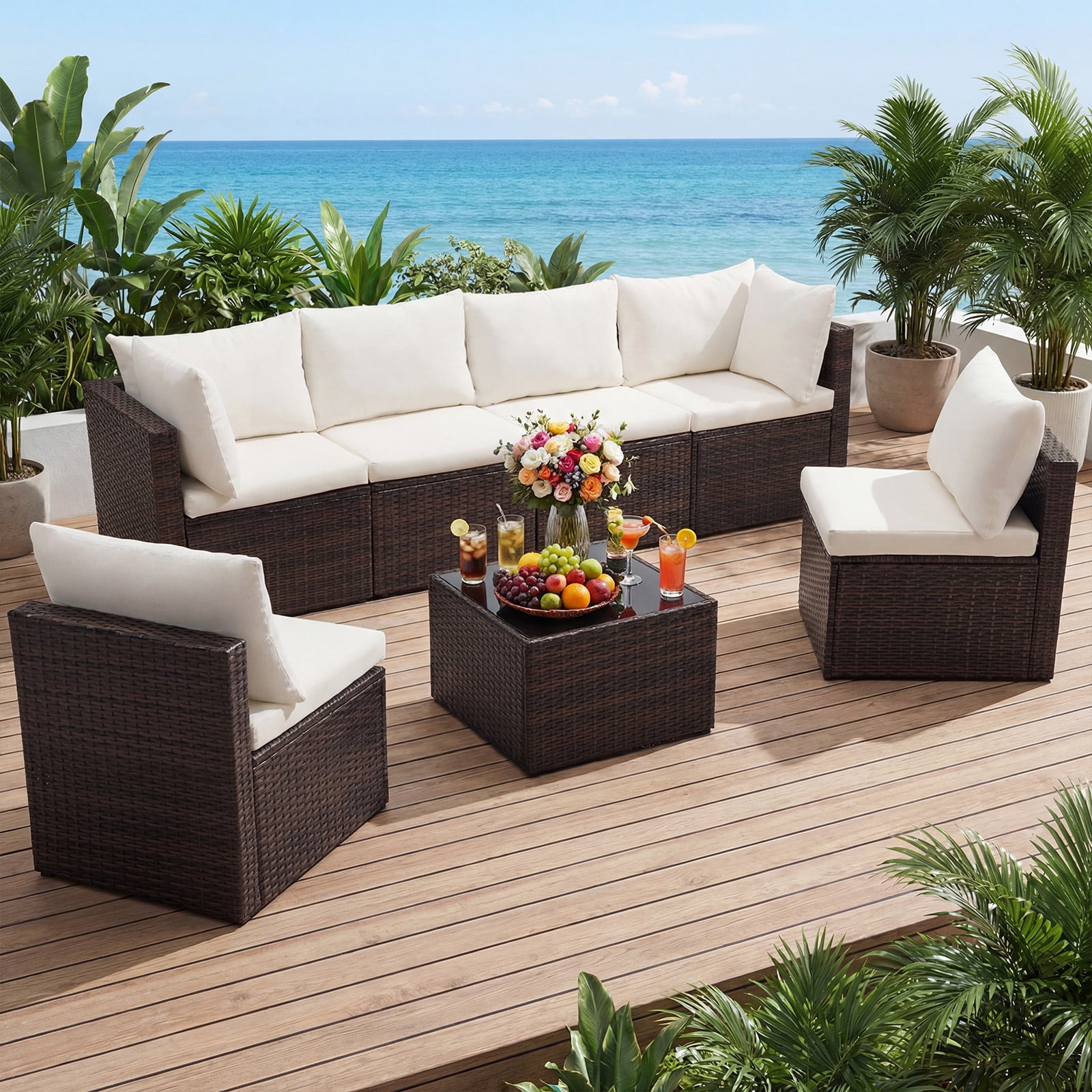 SHOUFTW 7 Piece Patio Furniture Set, Outdoor Wicker Sectional Sofa with Cushions and Glass Table, Brown and Beige