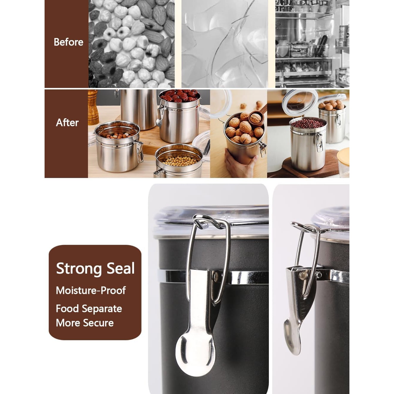 4 Pack Stainless Steel Food Container with Clear Lids Airtight Container Stackable Canisters Kitchen Pantry Storage for Cereal, Snacks, Candy, Herbs, Spices, Sugar, Tea (1.8L Black)