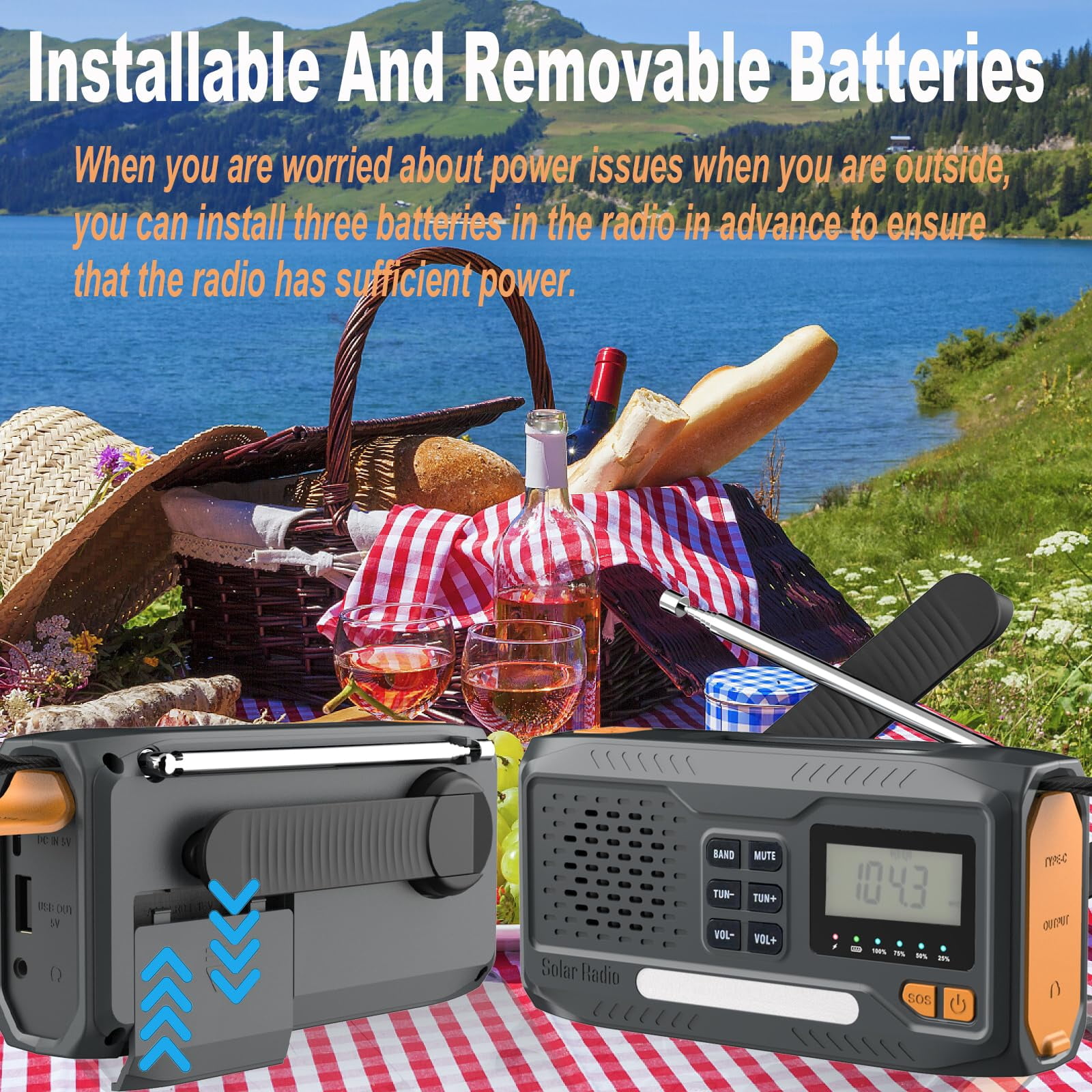 2000mAh/7400mWh Solar Emergency Radio, AM/FM/NOAA Weather Radio, Hand Crank Radio Flashlight Cell Phone Charger & Night Light for Home Supplies, with Digital Display & Battery Compartment, SOS Alarm