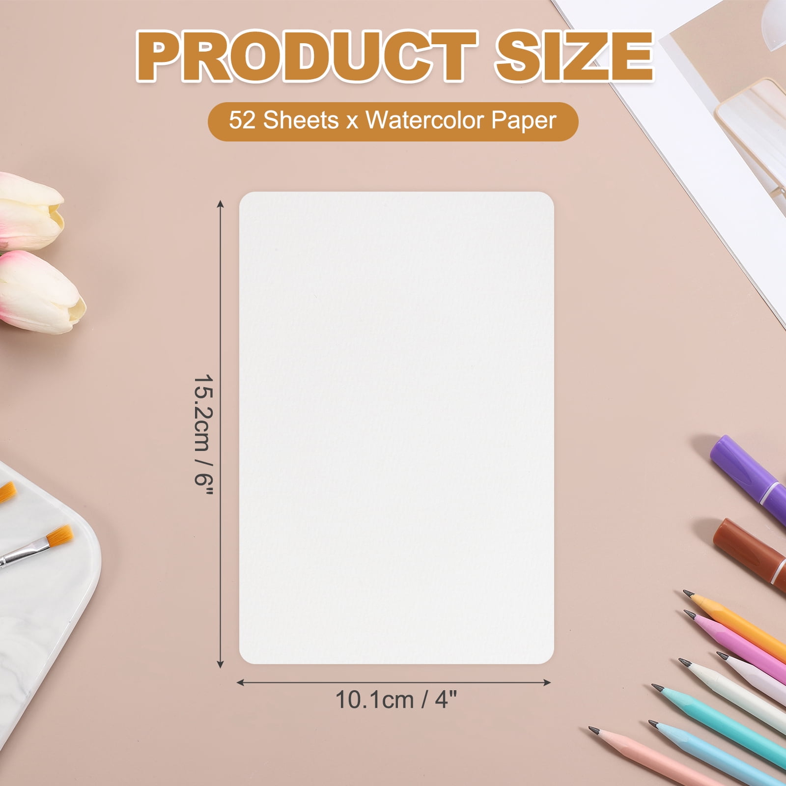 Uxcell 52 Pcs Watercolor Paper 4 x 6 Inch 140lb/300gsm Artist Painting Drawing Paper Bulk Cold Press Water Color Paint Sheet for Sketchbook Journal (Round Corner), White