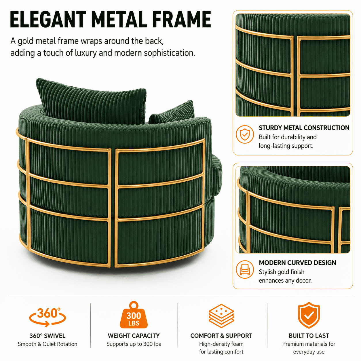 MOONMISS Swivel Barrel Accent Chair with Hidden Storage,Corduroy Round Single Sofa,Gold Metal Frame,for Living Room Reading Nook,Green
