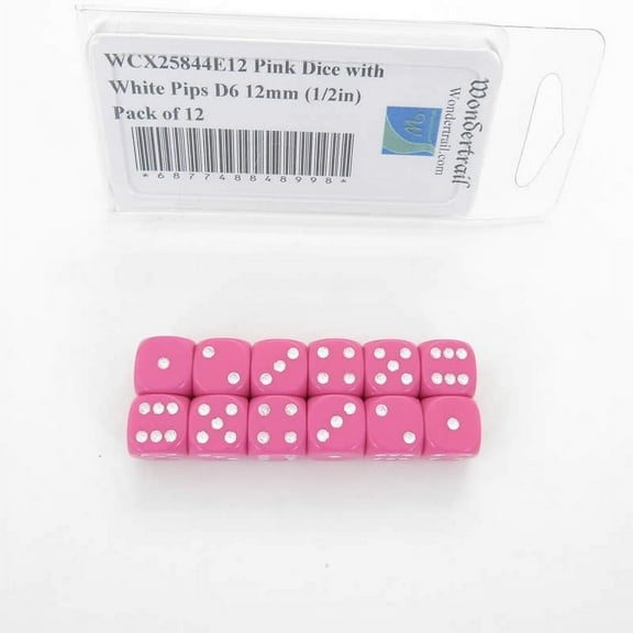 Pink Dice with White Pips D6 12mm (1/2in) Pack of 12 Wondertrail