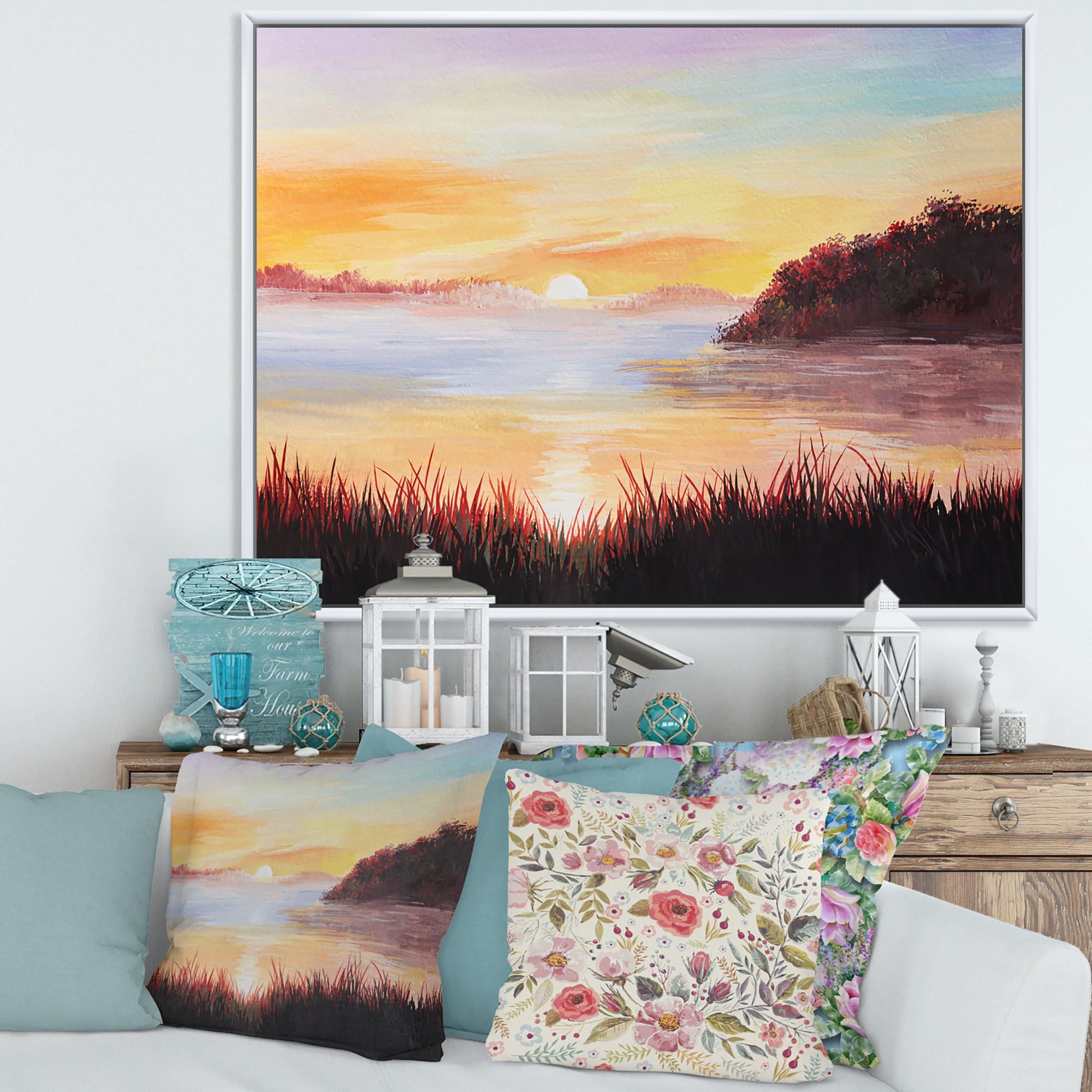 Designart 'The Reeds On The Lake In Evening Glow' Nautical & Coastal Framed Canvas Wall Art Print