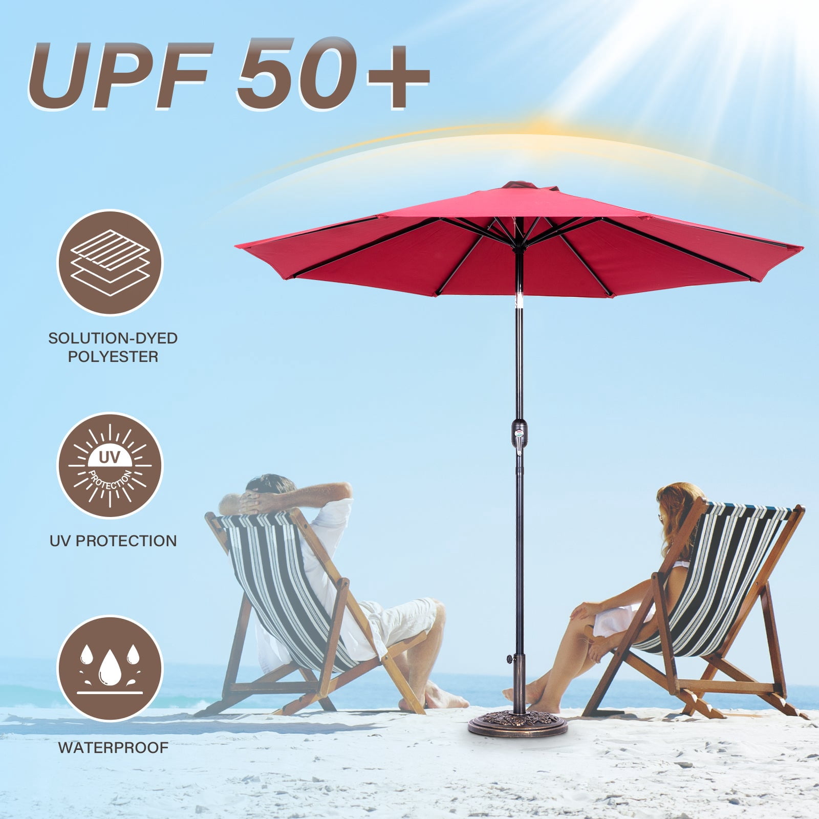 Backyard Expressions 9 ft Market Patio Umbrella UV Resistant Canopy with 8 Rib Support Frame and Push Button Tilt and Crank Lift Red