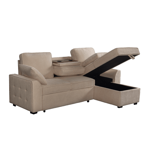 Howcool Sectional Sleeper Sofa,L Shaped Chenille Convertible Sofa Bed 85.5" 3 Seater with Flip-Down Center Console,Pull Out Couch for Living Room Apartment Office,Beige