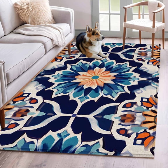 Orange Blue Area Rug 3x5 Washable Rug Non Slip Morocco Boho Abstract Floral Ethnic Tribal Large Area Rug Indoor Floor Carpet for Entryway Bedroom Kitchen Living Room Home Office Dining Room Nursery