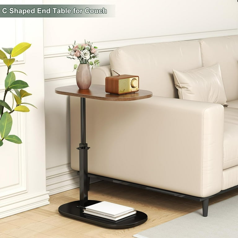 Hurber C Shaped Side Table Adjustable Height Tea Table Walnut Color