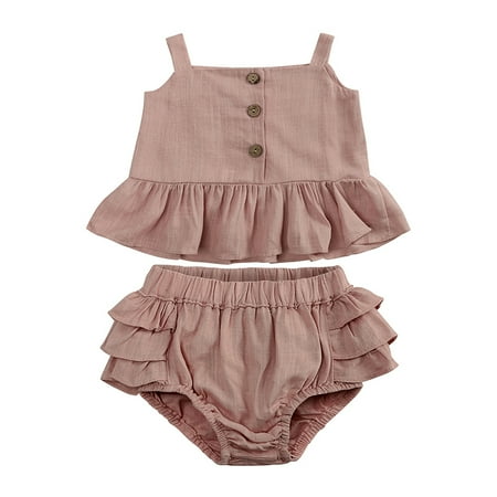 

Godderr Baby Girls Suspender Top Ruffled Shorts Suit Square Collar Button Elastic Pants Two-Piece Set for 6Months-3Y