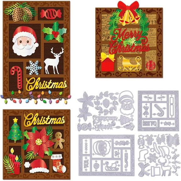 Christmas Frame Cutting Dies for Card Making Santa Claus Poinsettia Metal Die Cuts String Lights Cutting Dies Templates for Scrapbooking Journal Embossing Paper Craft Decor Silver