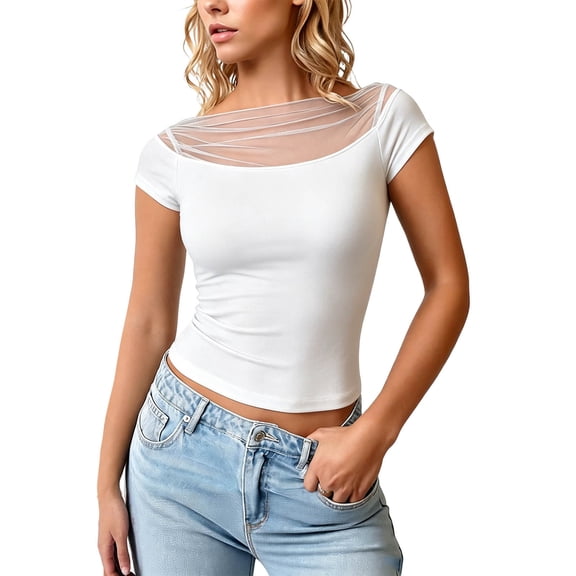 FchengtaiS Womens Mesh Crop Tops Short Sleeve Boat Neck Tee Shirts Going Out Outfits Fashion Clothes