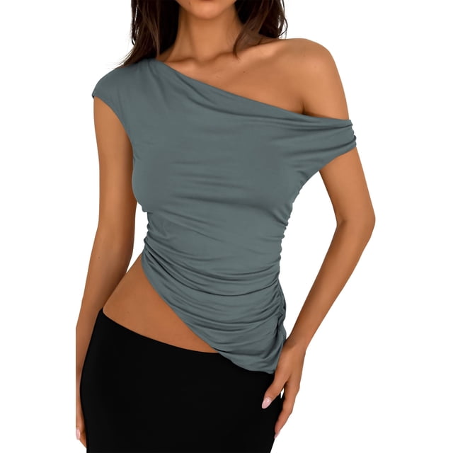 Remera PRETTYGARDEN Verano 2025 Top Asimétrico con Hombro Descubierto y Fruncido Talle L