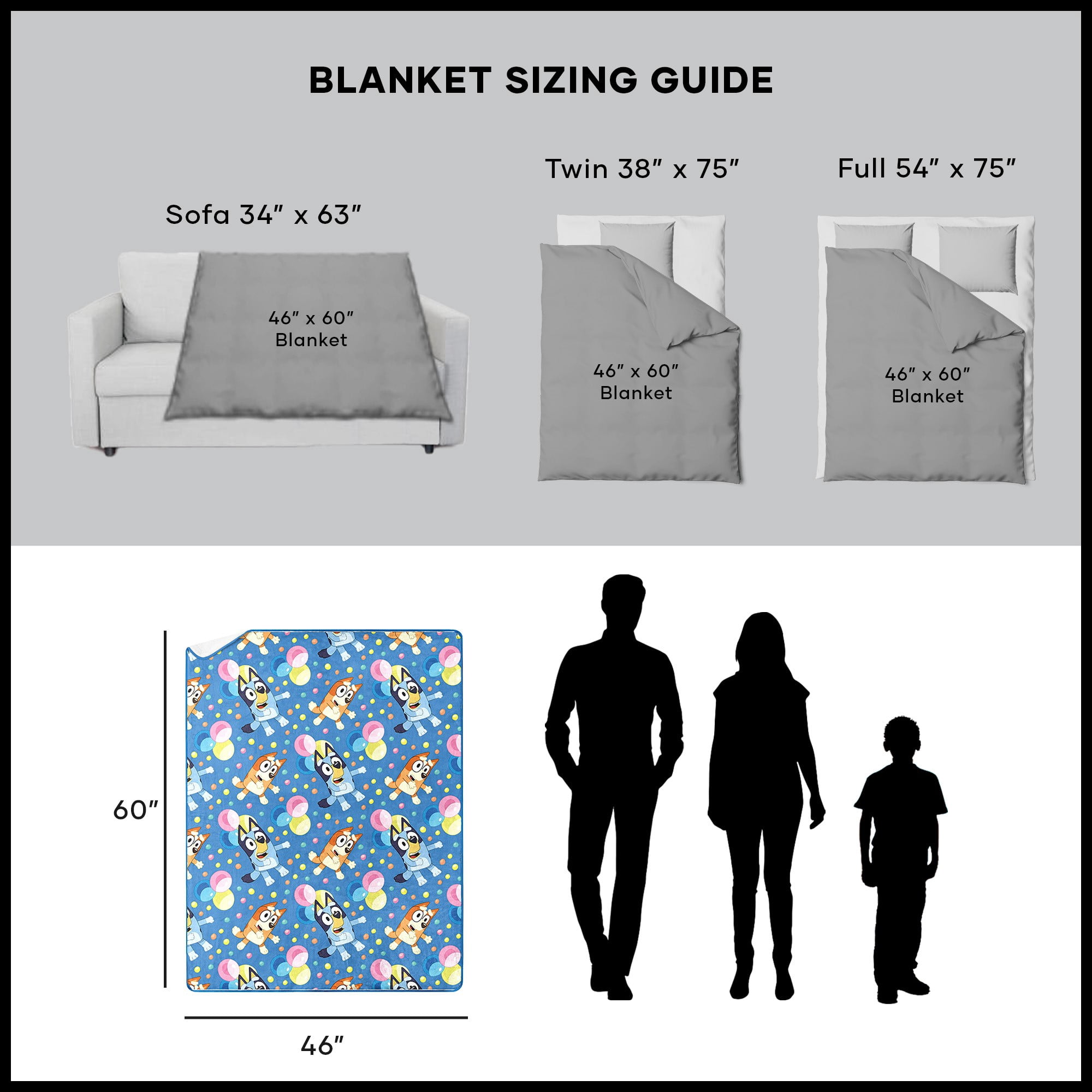 Bluey Dancing Fun Kids Silk Touch Throw Blanket with Sherpa Reverse, 46 x 60 inches – Soft Plush Fleece Throw Blanket