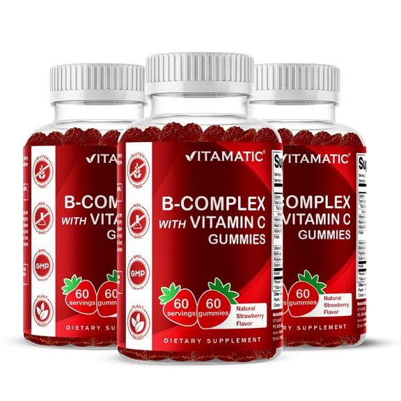 Vitamatic Vitamin B Complex Gummies with Vitamin C & Inositol - Natural Strawberry Flavor - 60 Gummies (3 Bottles)