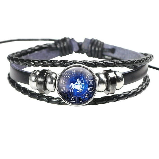 Moda Hombres Mujeres Constelación 12 Signo del Zodiaco Pulseras Punk Tejido de cuero