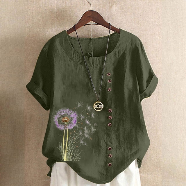 Mareep Blouse Femme P-5TG Femme Décontractée en Lin Col Rond Grande Taille Imprimé Manches Courtes Bouton T-shirt Blouse Liquidation de Hauts pour Femmes, Cadeau